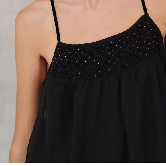 Lucky brand black silver flowy sheer smocked camisole w/gold trim hem sz M - Picture 6 of 16